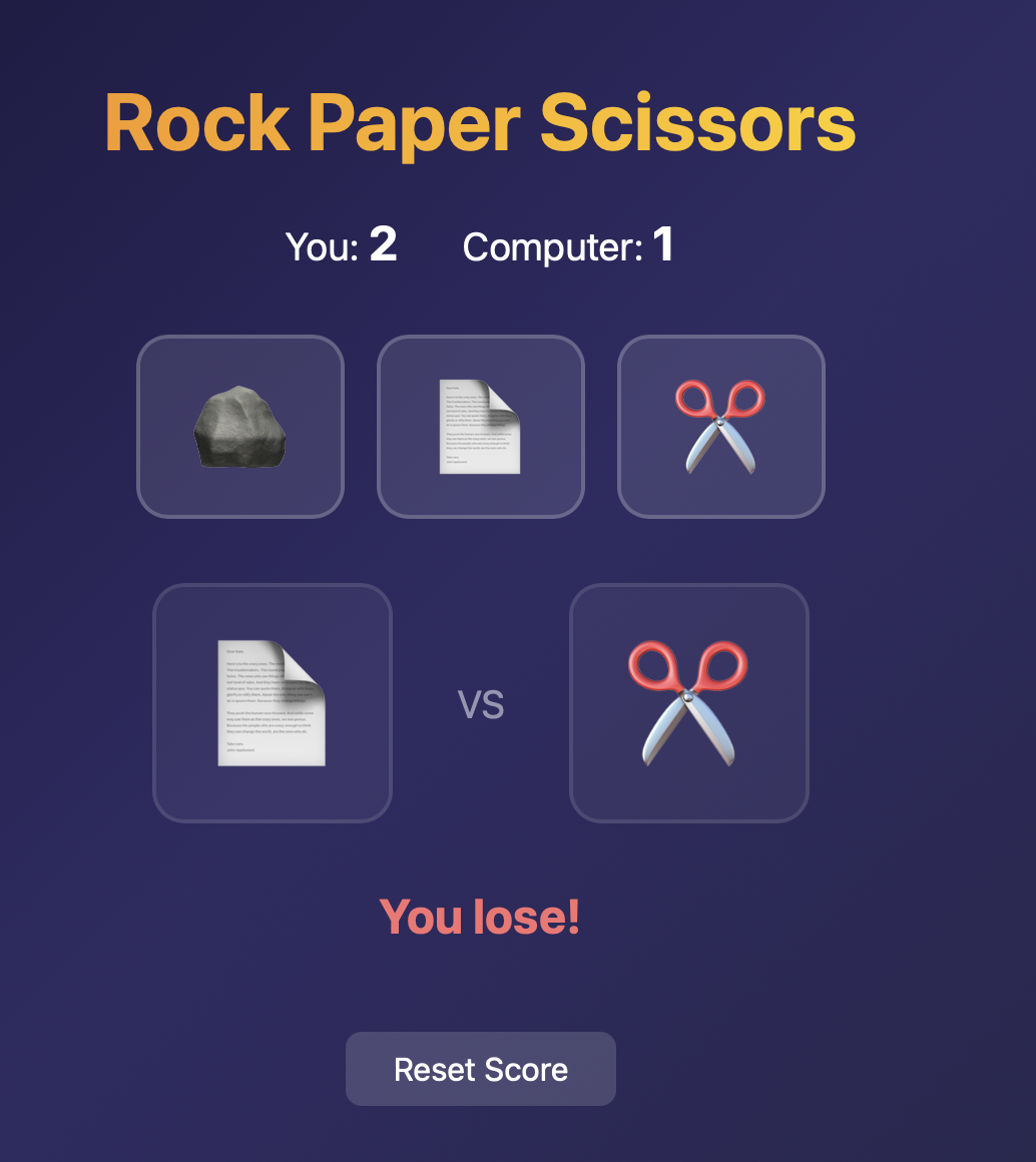 The rock paper scissors game running in the browser