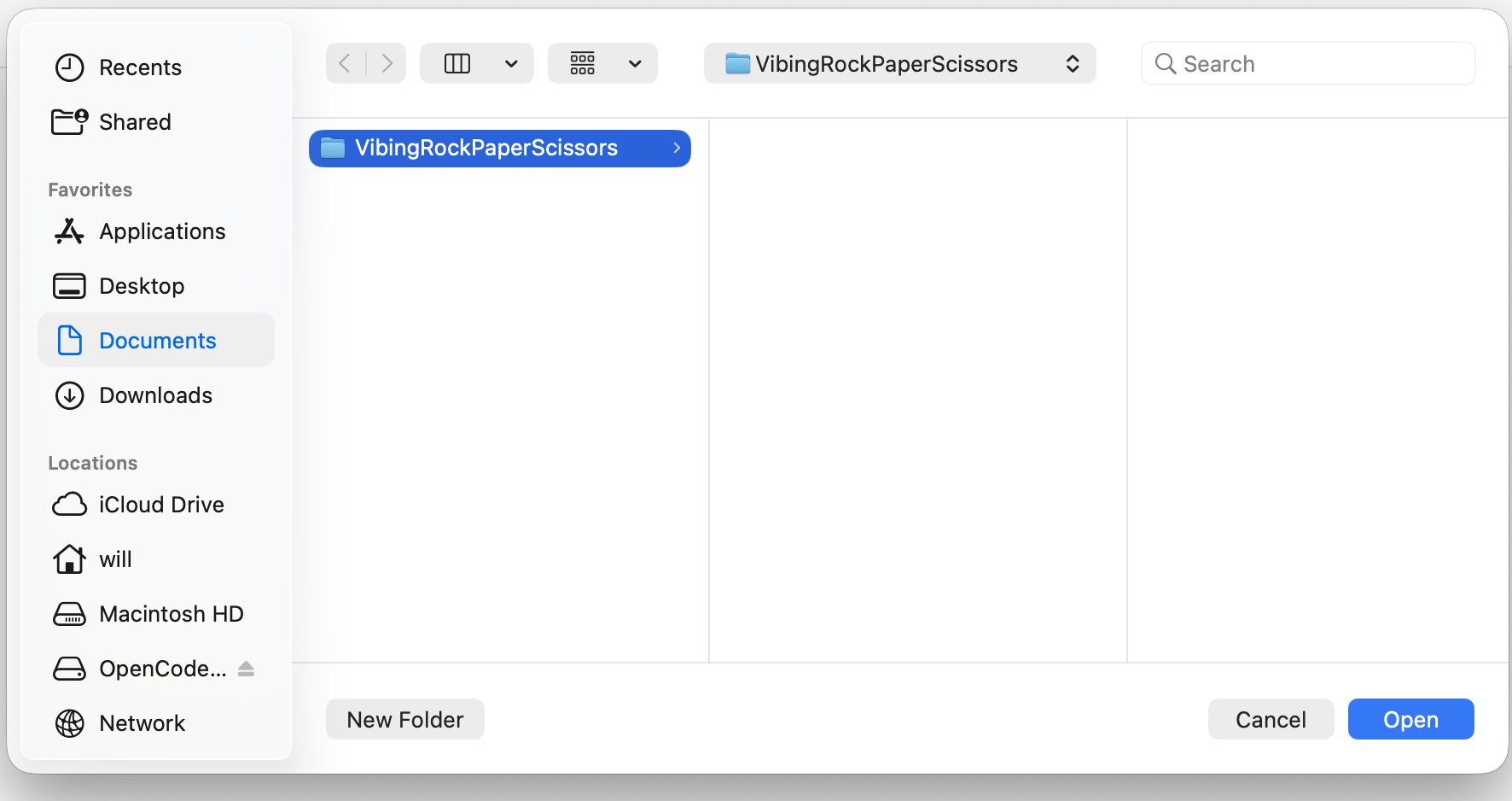 Selecting the VibingRockPaperScissors project folder in OpenCode